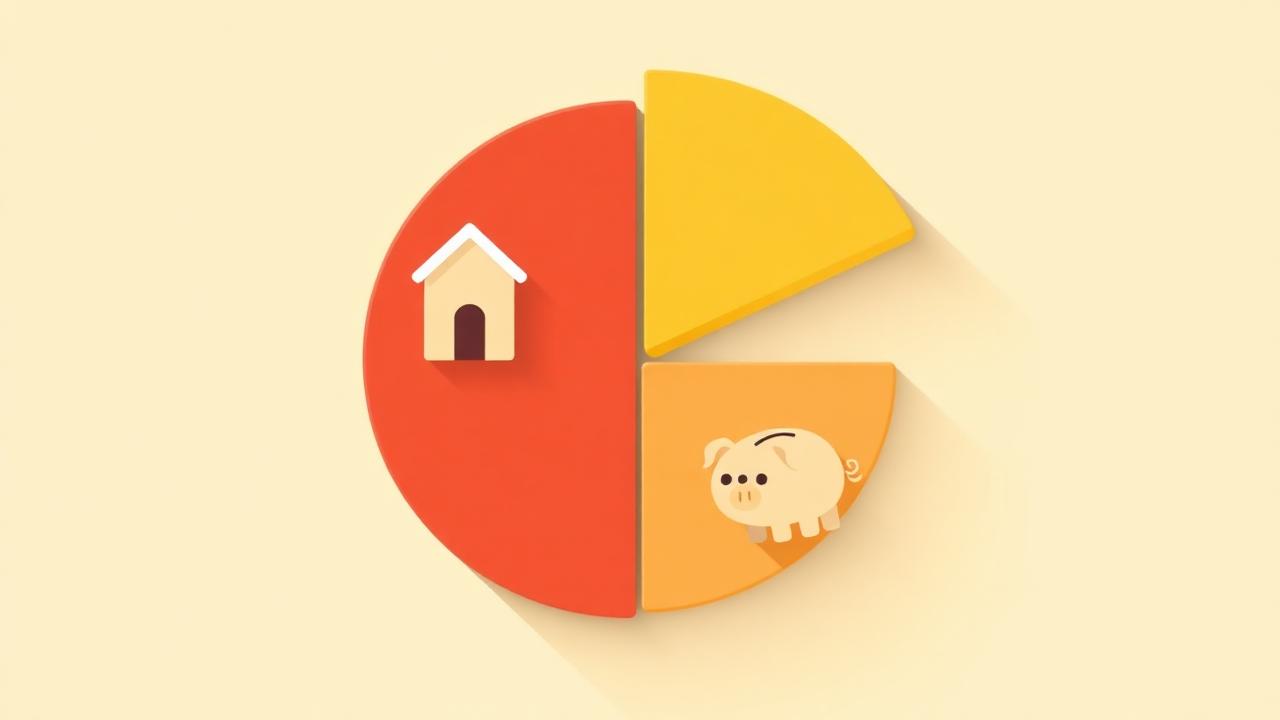 Grafico a torta con casa e salvadanaio: regola di budget 50/30/20