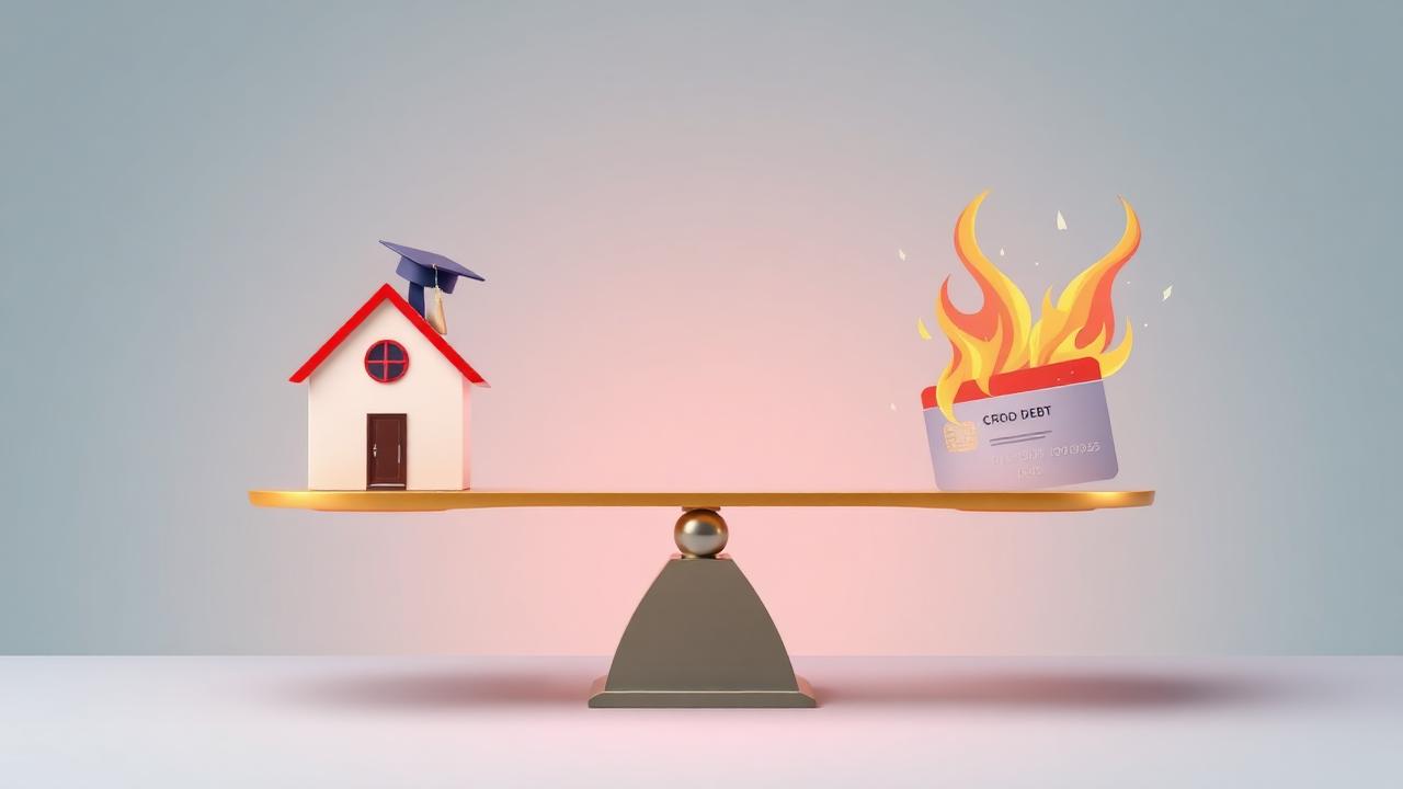 Bilancia con casa e cappello da laurea contro carta di credito in fiamme: debiti buoni e cattivi