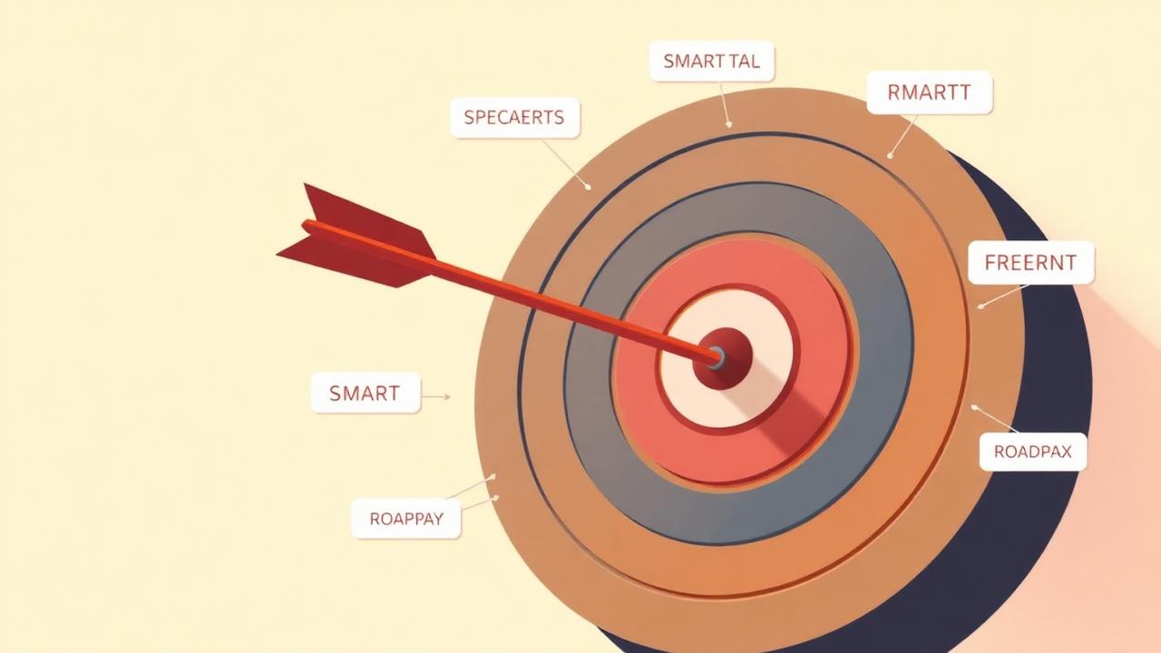 Bersaglio con freccia al centro e tappe di una roadmap: obiettivi finanziari SMART