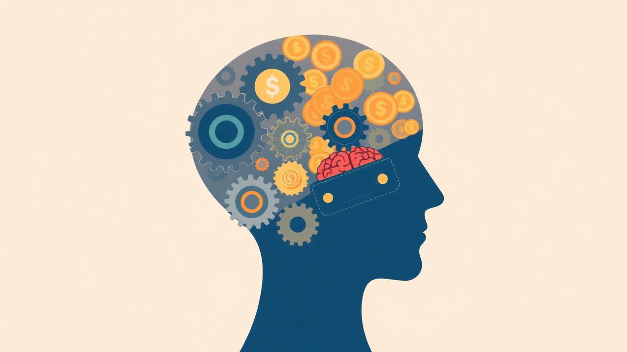 Silhouette di una testa con ingranaggi, monete e un cervello con portafoglio: psicologia del denaro e bias cognitivi