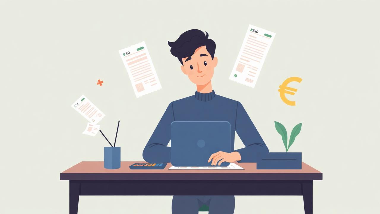 Persona serena al computer con modulo 730, ricevute e simbolo euro: dichiarazione dei redditi senza stress